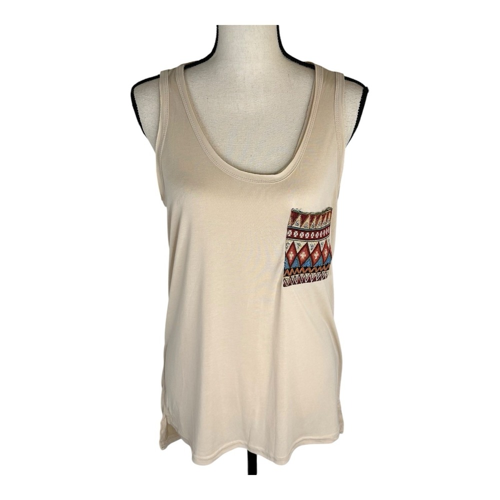 POL Tank Top Womens Sz M Ivory Azimetrical, Boho Azteca Embroidered Crochet‎